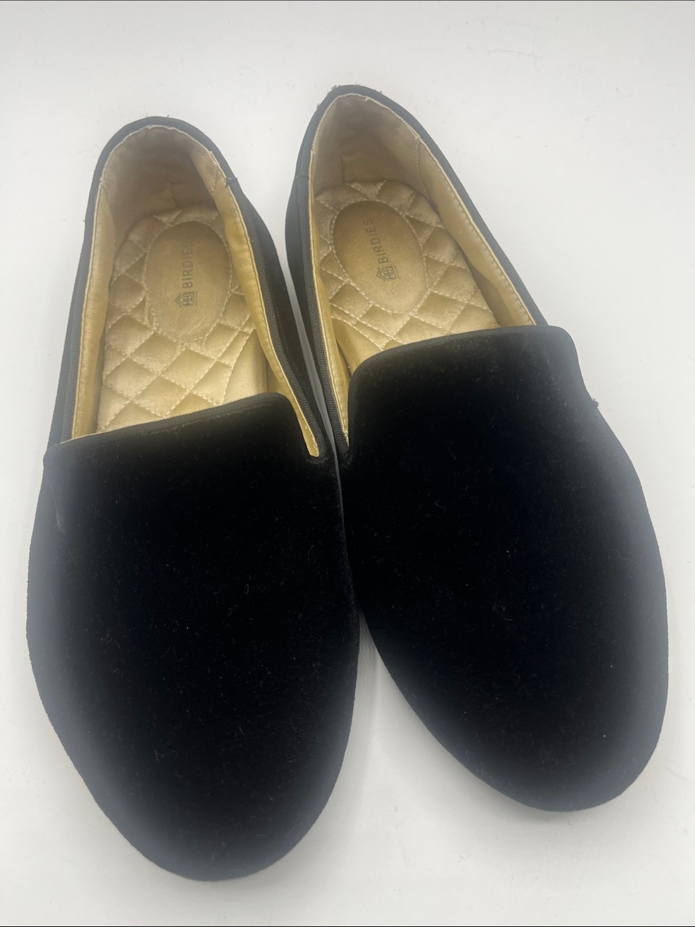 Birdies Black Velvet Quilted-Insole Slip Ons